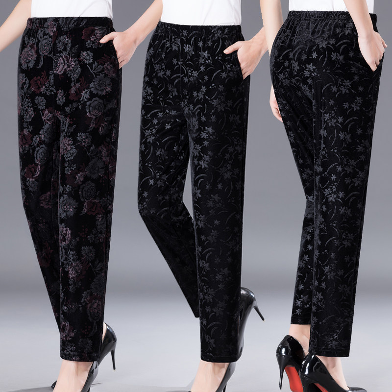 Middle-aged and elderly spring clothing female pants Grandmother silk suede pants mother mother-in-law tightness high waist loose and elderly wife pants