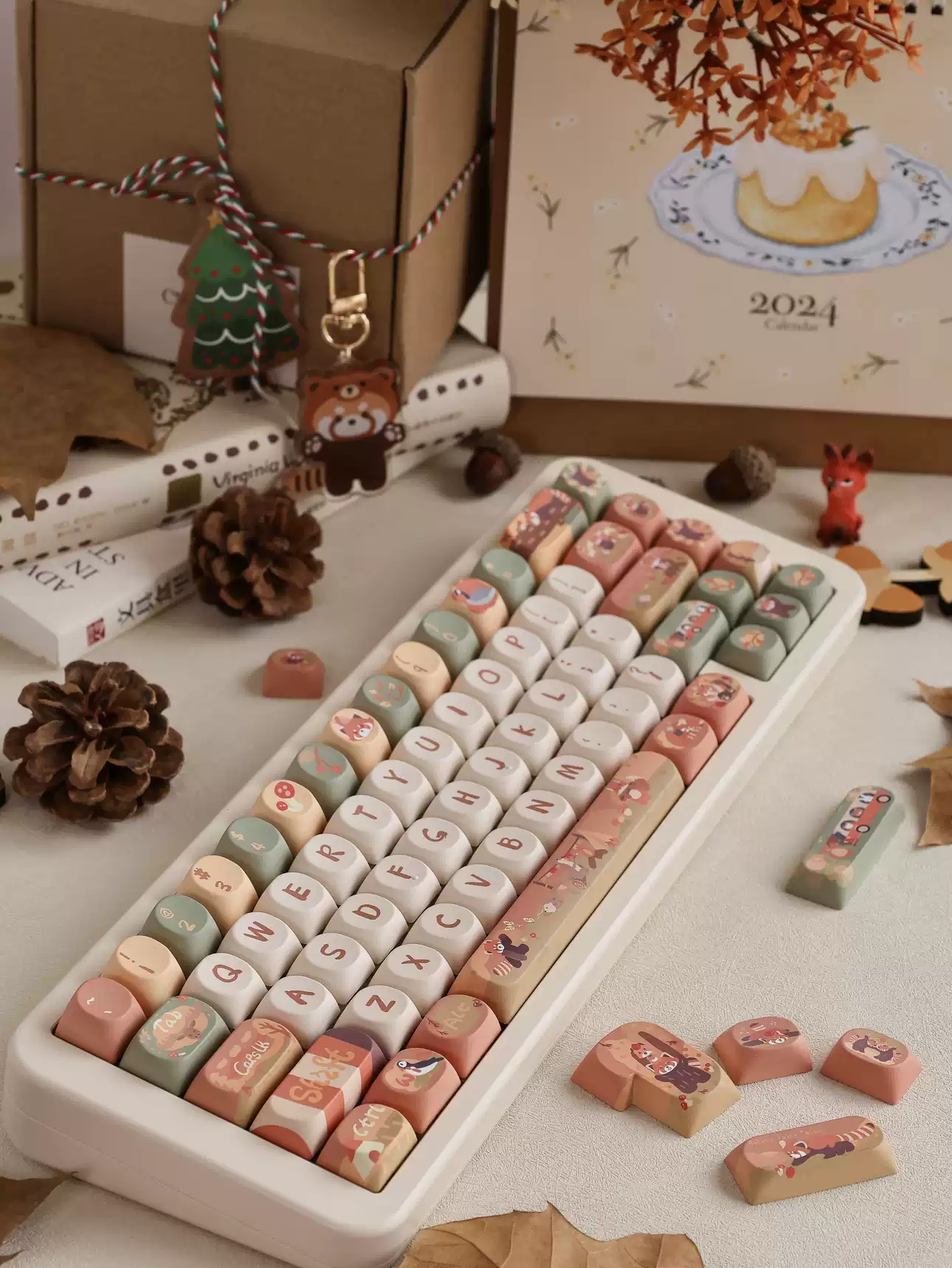 Red Fox and Forest Friends keycap set styled with seasonal gift box scene