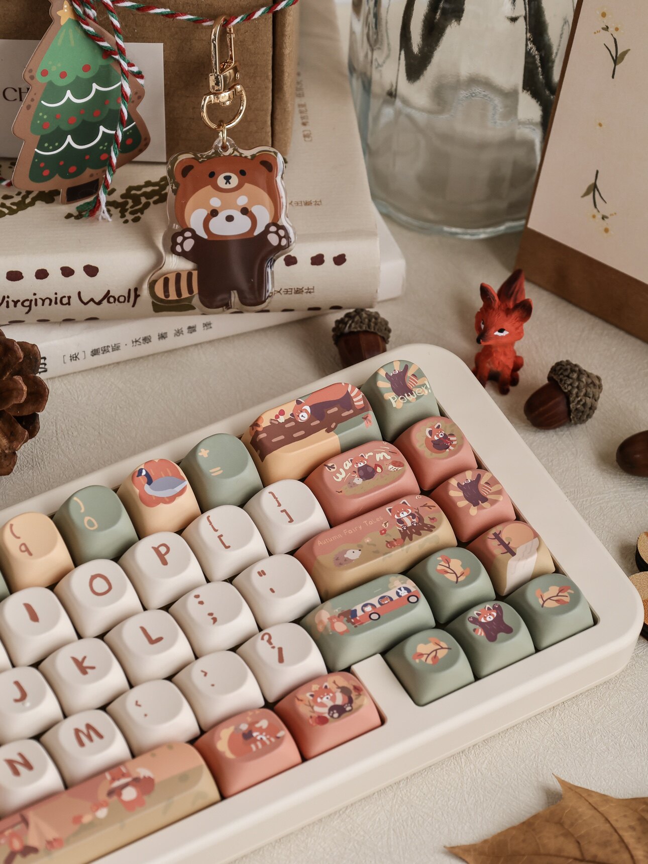 Red Fox and Forest Friends novelty keycaps and charm close-up
