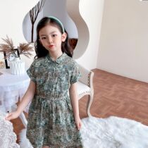 bp same girl tropical rainforest printed one-piece dress child short sleeve temperament green turn over waist shirt dress