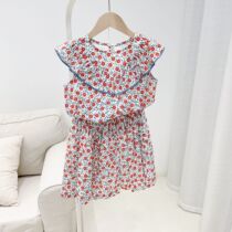 Girls small red flower printed crushed flower suit children pure cotton short sleeve blouses half skirt 2021 spring and summer new