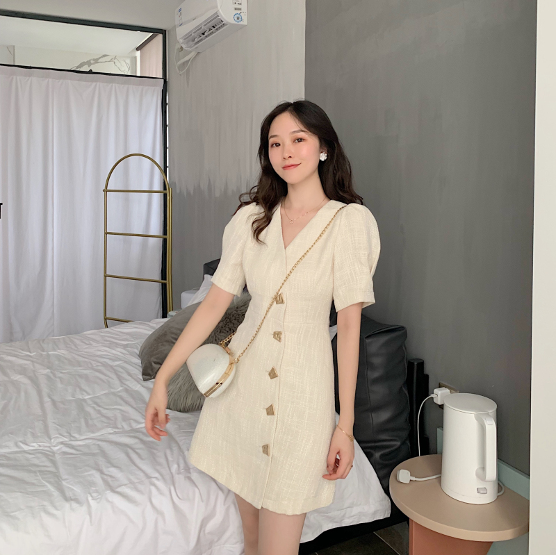 VK旗艦店 韓國風小香風收腰顯瘦泡泡袖短袖洋裝