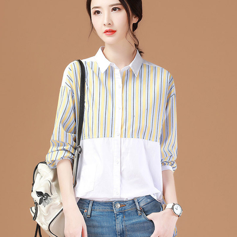 Mi Amaschmann Splicing Stripe Long Sleeve Shirt Woman 2022 Spring New Polo Collar Shirt Pure Cotton White Shirt