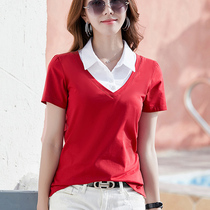 Mi Amarshman flagship store official website short sleeve T-shirt female 2021 summer New lapel collar fake two slim solid color top