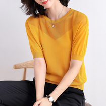 Mi Amarschman 2021 Spring and Autumn New hollow stitching slim knit sweater pullover Ice Silk short sleeve t-shirt women