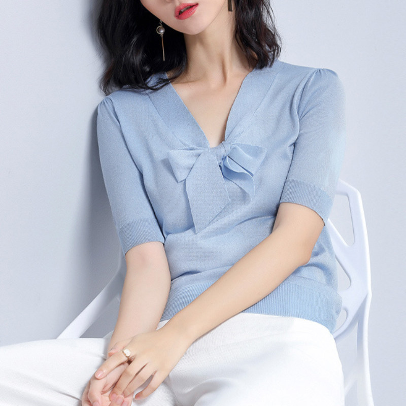 Miama Shiman 2022 spring and autumn new bow ribbon tencel short-sleeved sweater women's thin section t-shirt top