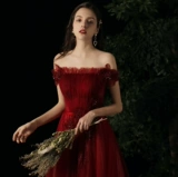 Бордовое длинное демисезонное вечернее платье для невесты, открытые плечи, 2020
