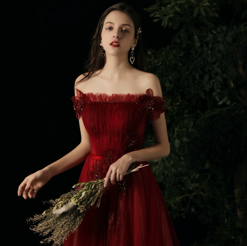 Бордовое длинное демисезонное вечернее платье для невесты, открытые плечи, 2020