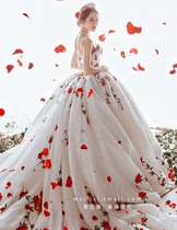 Dili Reba star with the same wedding dress new forest department super fairy travel shot outdoor rose embroidery tail lace wedding dress