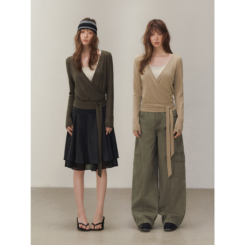 Somesowe Cross-Neck Waist-Cinching Long-Sleeved T-Shirt