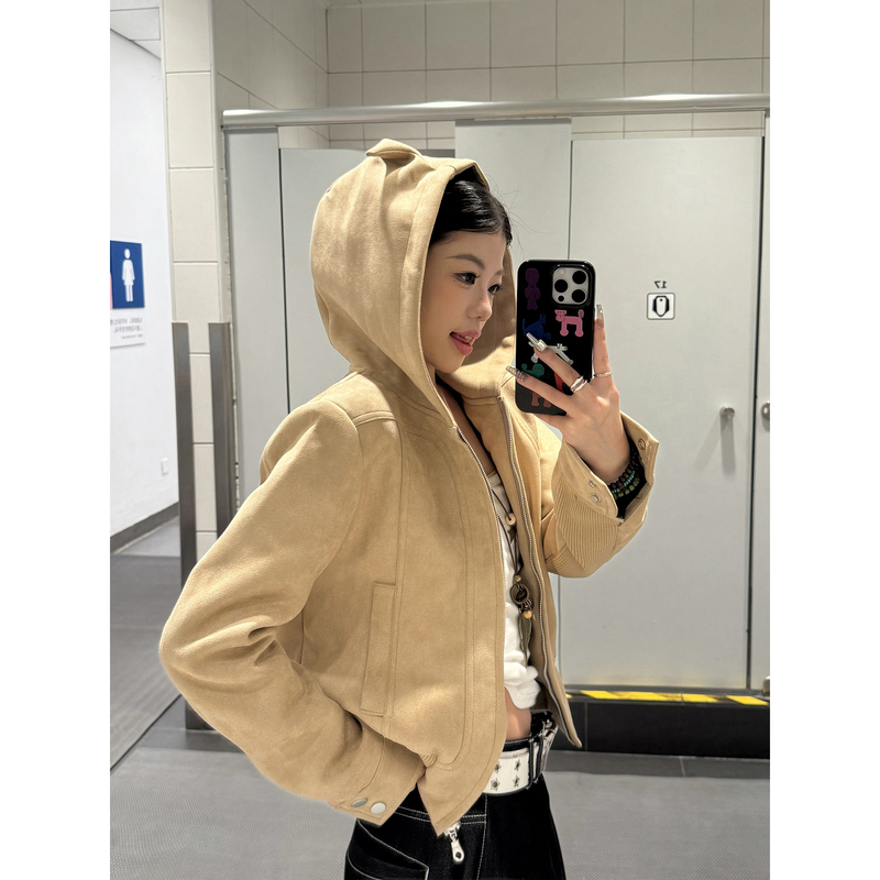 Koiisle American Retro Little Devil Design Hooded Slim Short Outwear Women's Zipper Sweatshirt Jacket Top
