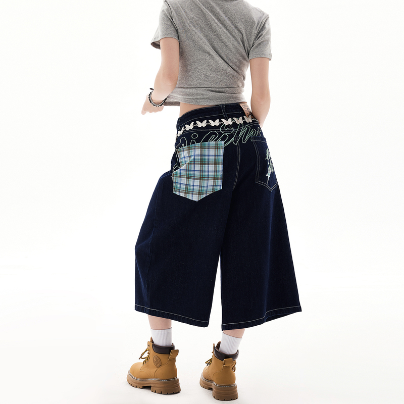 Koiisle American High Street Plaid Patchwork Embroidered Summer Denim Shorts for Women, Loose Straight Wide-Leg Cropped Pants