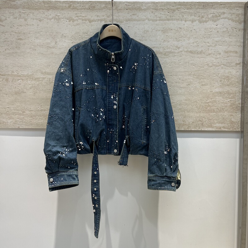 European Style 2026 Spring New Heavy-Duty Sequined Denim Jacket for Women, Petite Size, Tie-Waist, Stand Collar Jacket Top