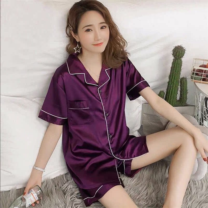 . Pyjama mens quần short lụa băng mùa hè mô phỏng lụa cardigan đơn giản quần áo nhà mùa hè mỏng.