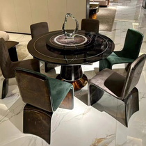 Round table and six chairs light luxury leather dining table and chair combination modern Italian villa round table restaurant small apartment furniture