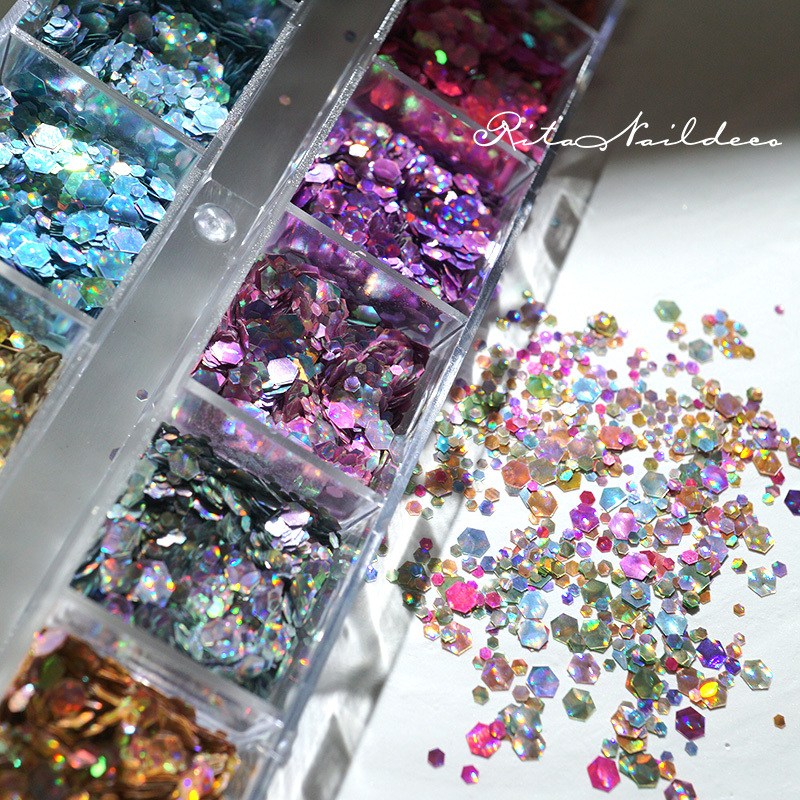 12-Color Cat Eye Glitter Disco Girl Nail Art Closed-Eye Hexagonal Psychedelic Y2K Laser Nail Glitter Ritanail