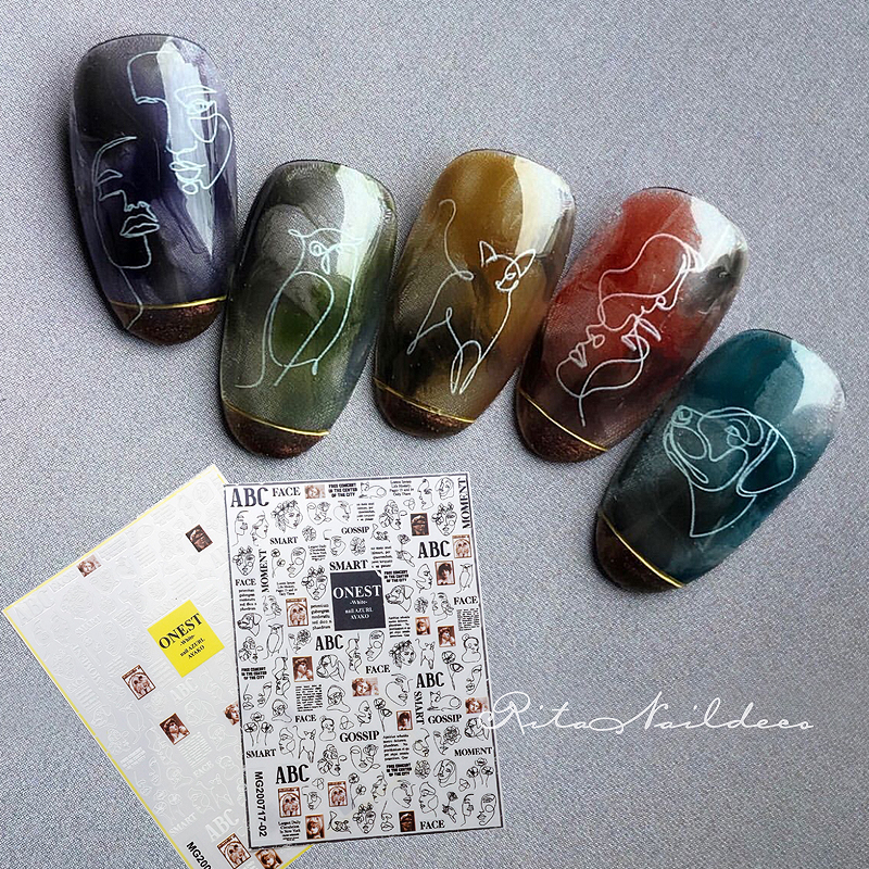 Small Simple Abstract PictureListing Portrait Nail Sticker Moon Animal Woman English thin nail sticker