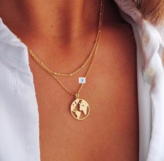 World Map Necklace Gold Map Pendant World Map Choker Crescen