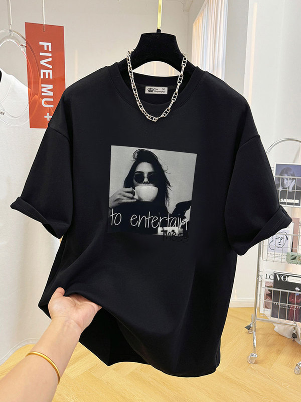 2026 New Summer American Style Character Print Oversized Loose Pure Cotton Black Short-Sleeve T-Shirt for Women, Mid-Length Trendy Brand