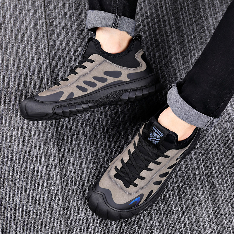 Outdoor sports and leisure men's shoes plus velvet leather winter round head trendy cotton shoes splicing fashion hiking shoes to keep warm