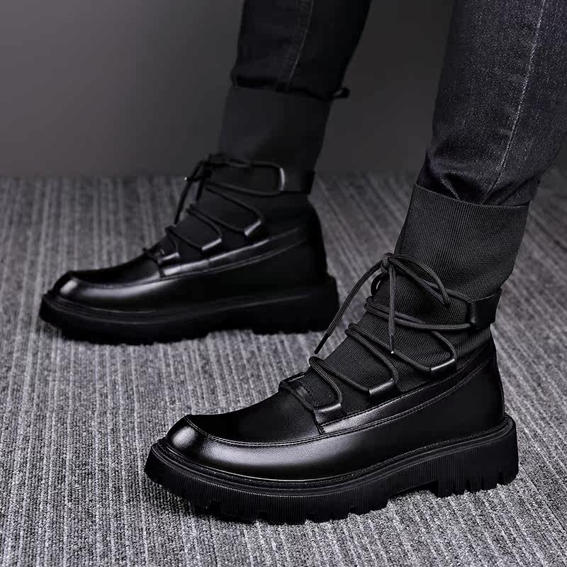 Winter plus velvet leather stitching knitted cloth Martin boots high-top casual personality socks shoes men's cotton boots to keep warm