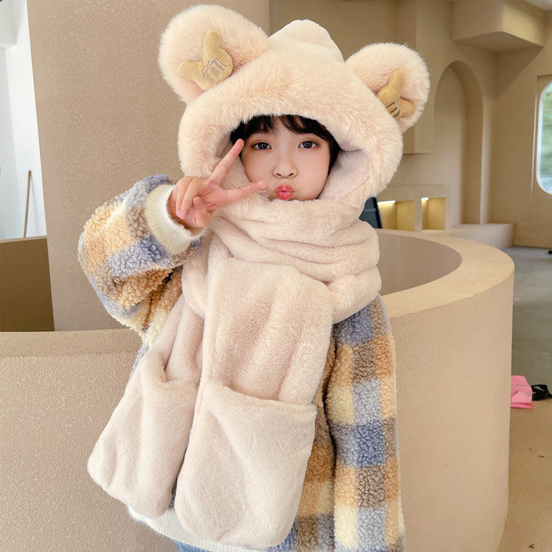 Children's hat scarf gloves thicken warm autumn and winter baby plush three pieces of parent-child