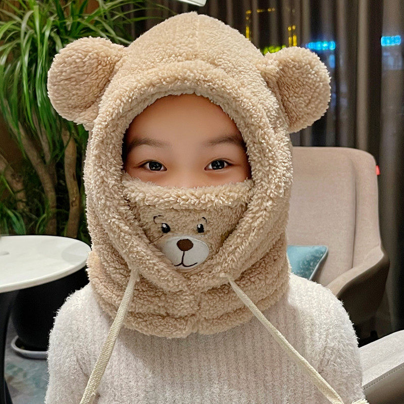 Children's cute bear hat girl autumn winter and wind protection ear cover around the neck and a plush hat
