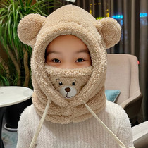 Childrens cute bear hat women autumn winter Korean version cycling windproof warm ear protector mask bib neck integrated plush hat
