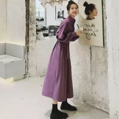French long sleeve dress women 2021 Spring and Autumn new women's long version of temperament thin goddess fan purple long skirt