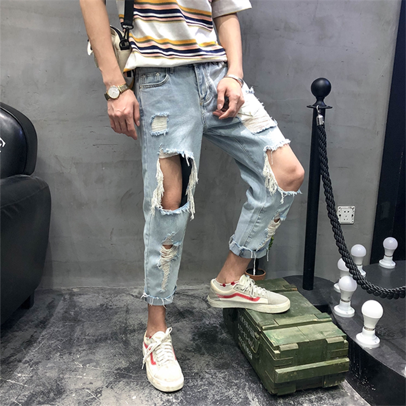 Spring and Summer Thin Ripped Knee Jeans for Men, Trendy Brand Loose Straight-Leg Distressed Pants, Korean Style Trendy Cropped Pants