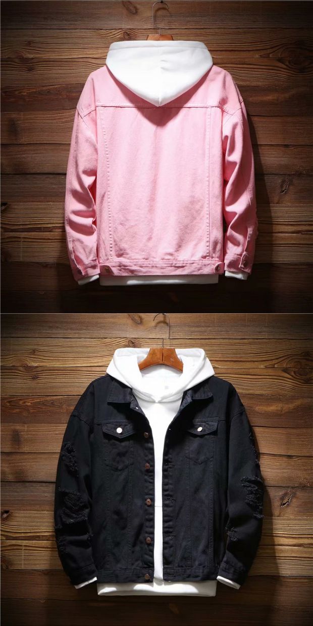 Áo khoác nam 2018 mới phiên bản Hàn Quốc của xu hướng tự học sinh mặc áo khoác denim màu hồng lỗ teen trên quần áo áo khoác đại bàng