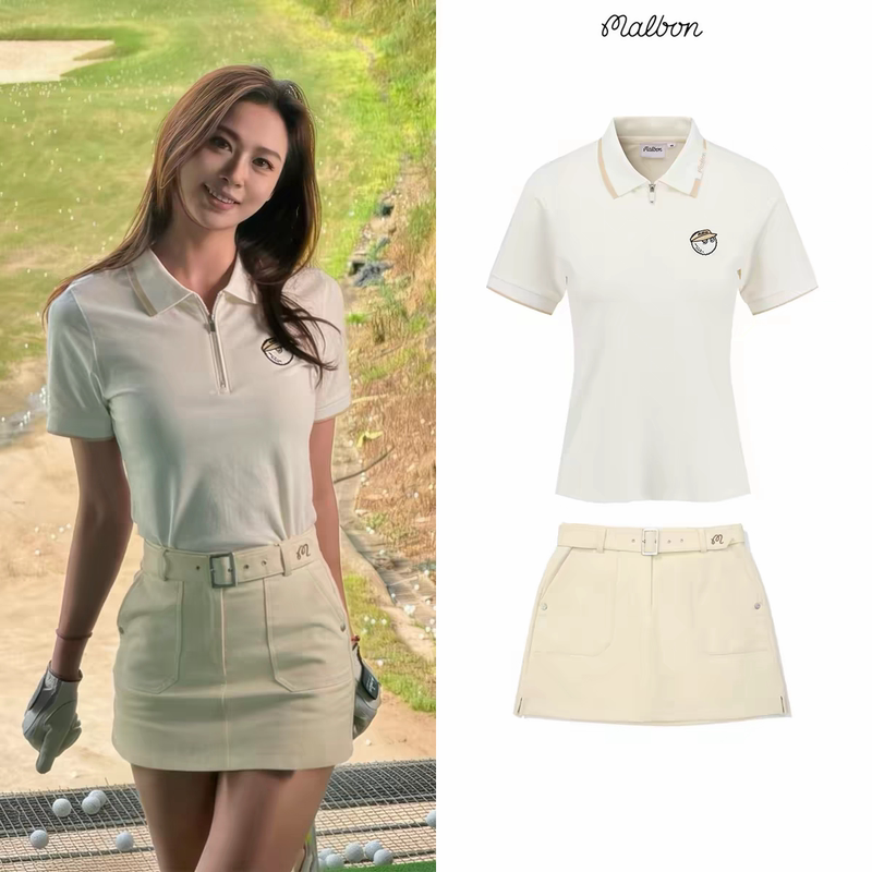 26 Summer Korean Malbon Golf Women's Suit Slim Fit Stretchy Fashionable Lapel Short Sleeve Belt Workwear Short Skirt