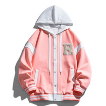 Cardigan hooded sweatshirt American retro campus style lesbian style color block letter embroidered couple wear buttoned jacket