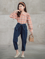 Trend Bala Girl Small Leggings Butterfly Knot Waist Jeans Autumn CUHK Scout 100 lap fashion casual 90% pants