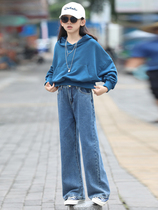 Tide Bala Girl Foreign Air Short connected hat Weater suit Akio big child loose straight cylinder wide leg pants two pieces