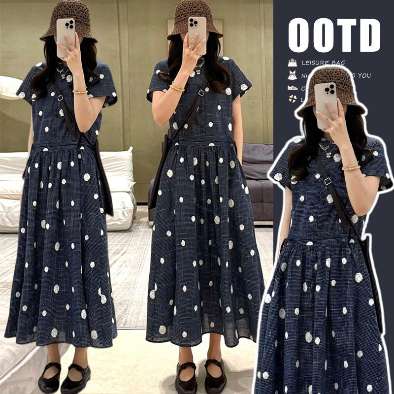 Maternity Wear Summer Retro Polka Dot Dress Women's Short-Sleeved Lapel Plaid Long Skirt Loose Slimming Japanese Literary Style