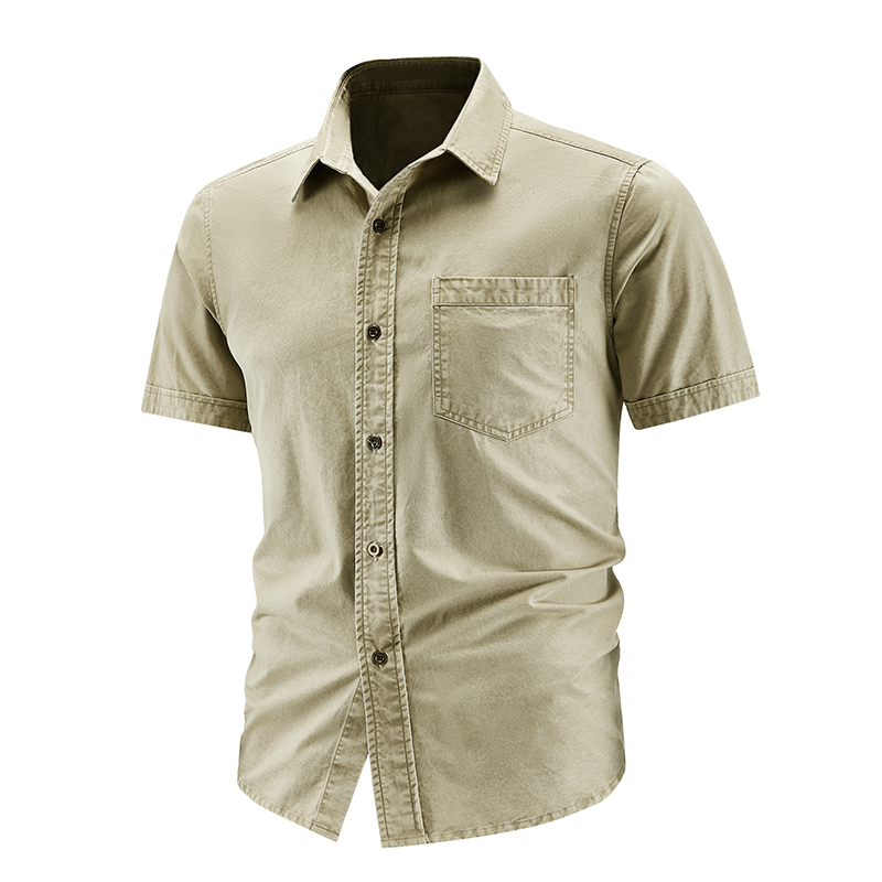 Summer Men's Short-Sleeved Work Shirt, Casual Lapel, Loose-Fitting Pure Cotton Washed Retro Shirt, Summer Breathable Top