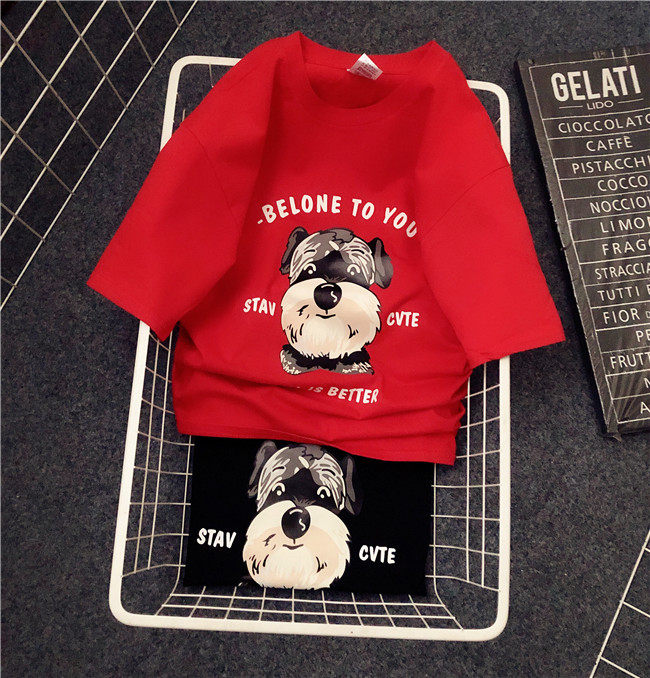 Hong Kong tide brand Korean version of Harajuku dog large size cotton short-sleeved couple T-shirt 2022 half-sleeve bottoming shirt top girlfriends