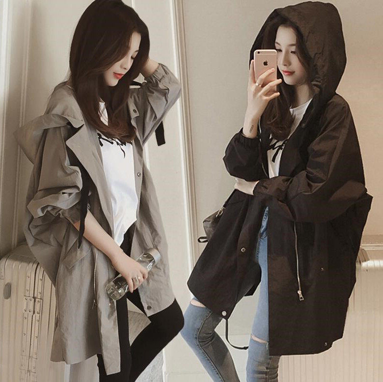 Hong Kong Tide Card Spring Autumn New Tandem Hat Windsuit Women Casual Work Wear 100 hitch Han version chic medium long version jacket