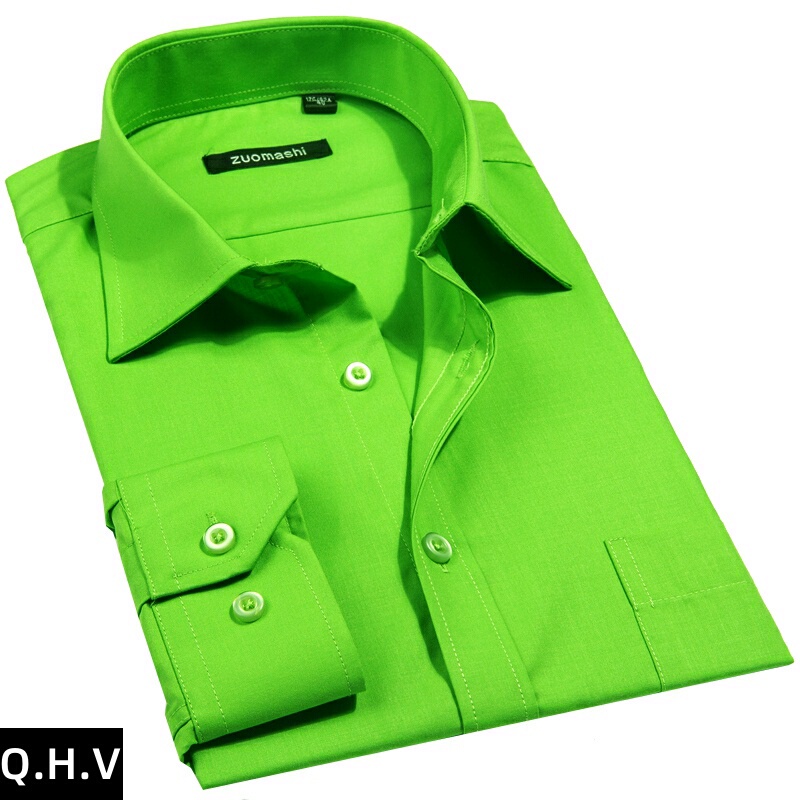 Men's Long-Sleeved Green Shirt, No-Iron, Trendy and Fashionable Green Men's Clothing, Spring Lin Mo Style, Youth Casual Men's Shirt