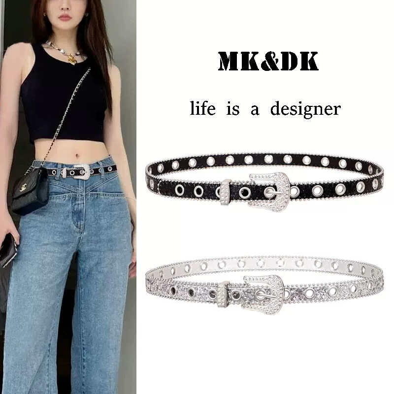 Черно-серебряный пряжка ремень со стразами и без пряжки, натуральная кожа, ремень для женщин без дырок, новая трендовая вещь 2025