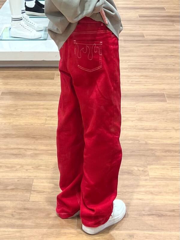 Lov1 Red Jeans 2025 New Casual Street Style Versatile American Hot Girl Slimming Pants with Flame Embroidery