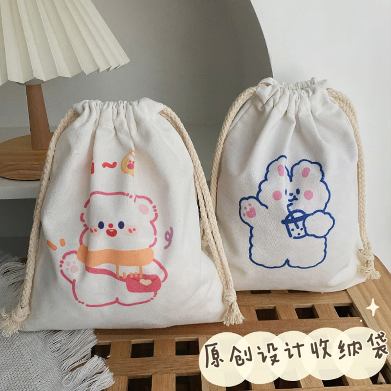 Simple Japanese Drawstring Pocket Student Cute Female Clothes Finishing Canvas Bag Cosmetic Storage Bag Storage Bag