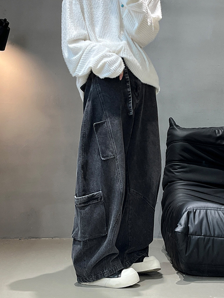 Washed Workwear-Style Curved Knife Jeans for Men, American Design with Multiple Pockets, Deconstructed Pants, Loose Wide-Leg Flared Pants