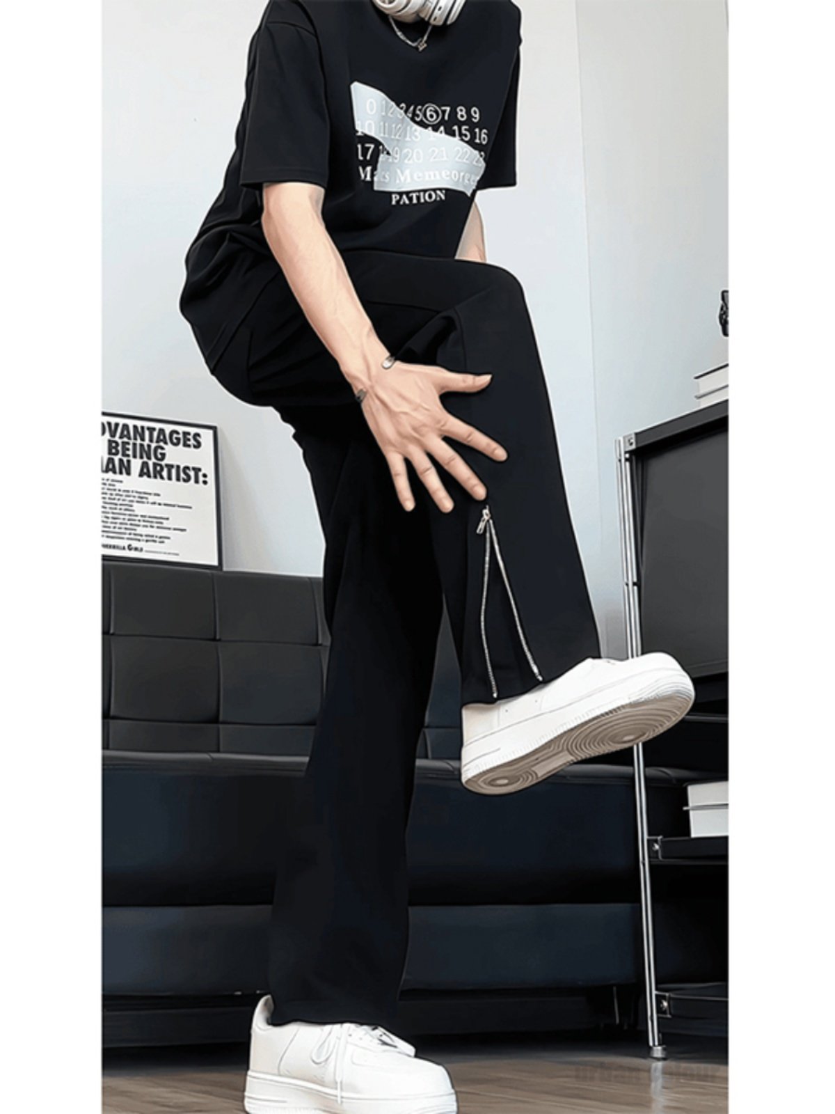 White Floral Gray Flared Wide-Leg Pants for Men, Autumn Zipper Hem Niche Sweatpants, American High Street Versatile Floor-Length Pants