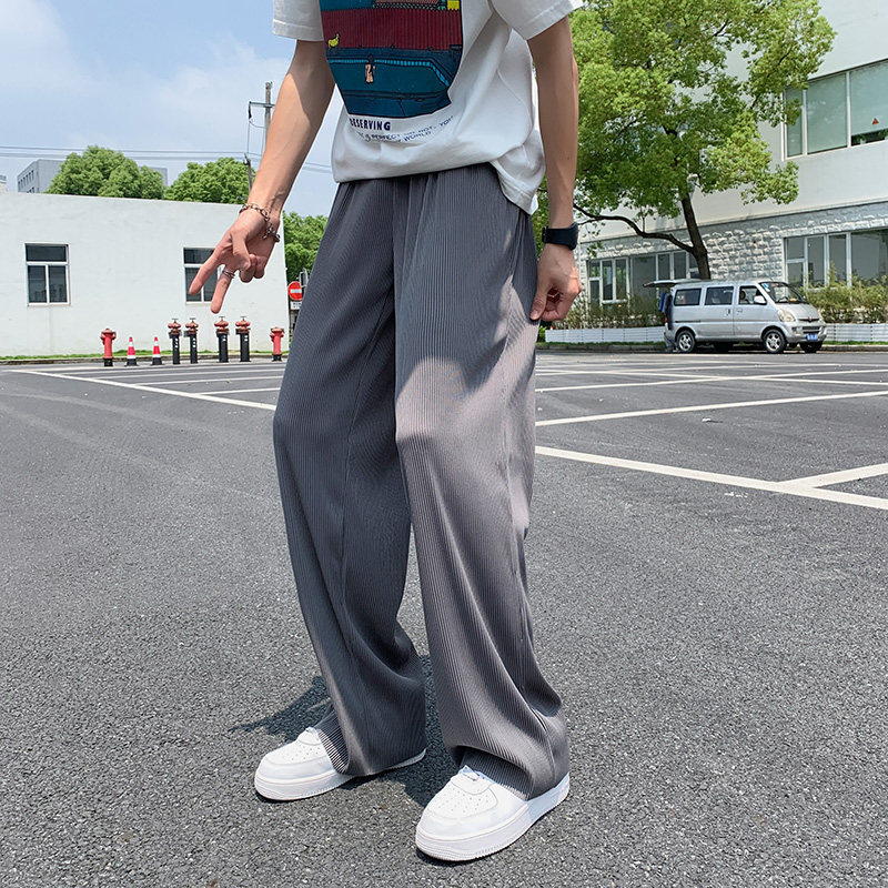 Pleated Striped Ice Silk Straight-Leg Pants for Men, Hip-Hop Drapey Plus-Size Summer Thin Wide-Leg Sports Trousers