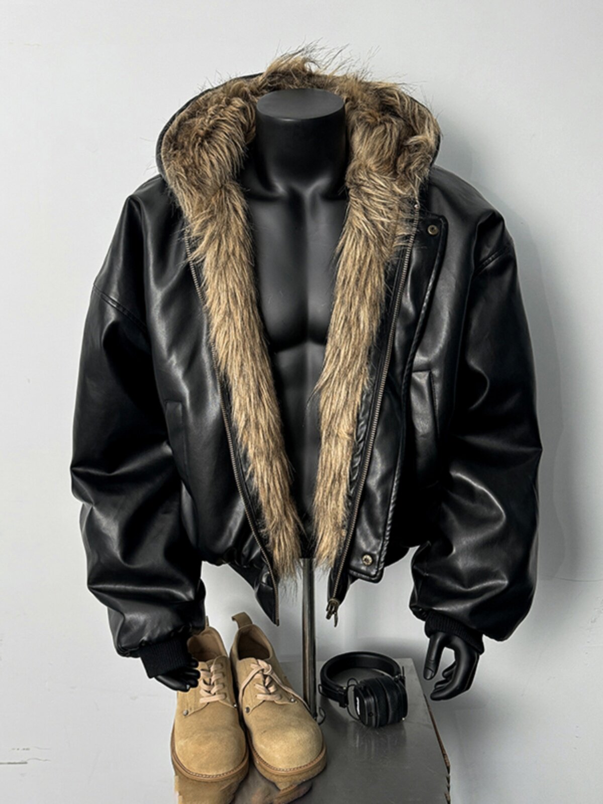 Leather Fur-in-one Double-sided Jacket Men's Winter Hooded