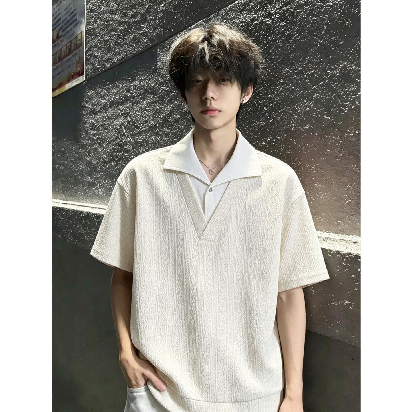假两件拼接短袖男款POLO衫夏季麦穗纹正肩T恤少年感穿搭翻领半袖