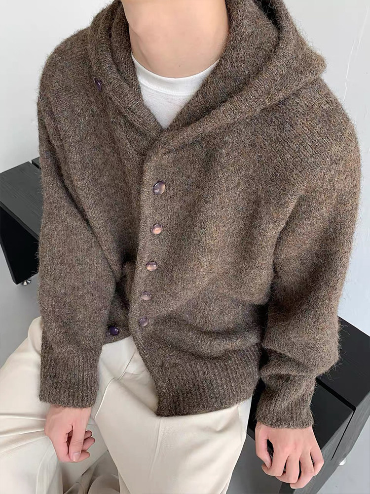 Dark Gray Hooded Sweater for Men, Autumn and Winter, Lazy and High-End Knitted Cardigan, American Retro Cleanfit Jacket