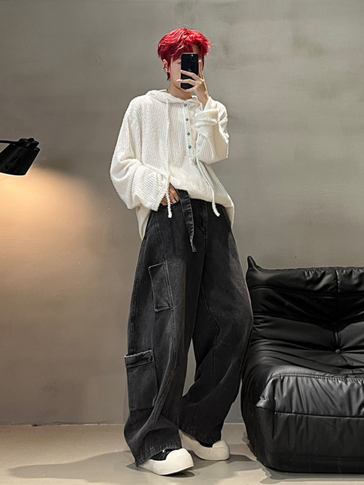 Washed Workwear-Style Curved Knife Jeans for Men, American Design with Multiple Pockets, Deconstructed Pants, Loose Wide-Leg Flared Pants